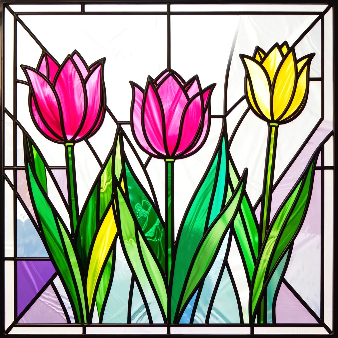 Stained glass panel with bold lead lines showing pink and yellow tulips and green leaves