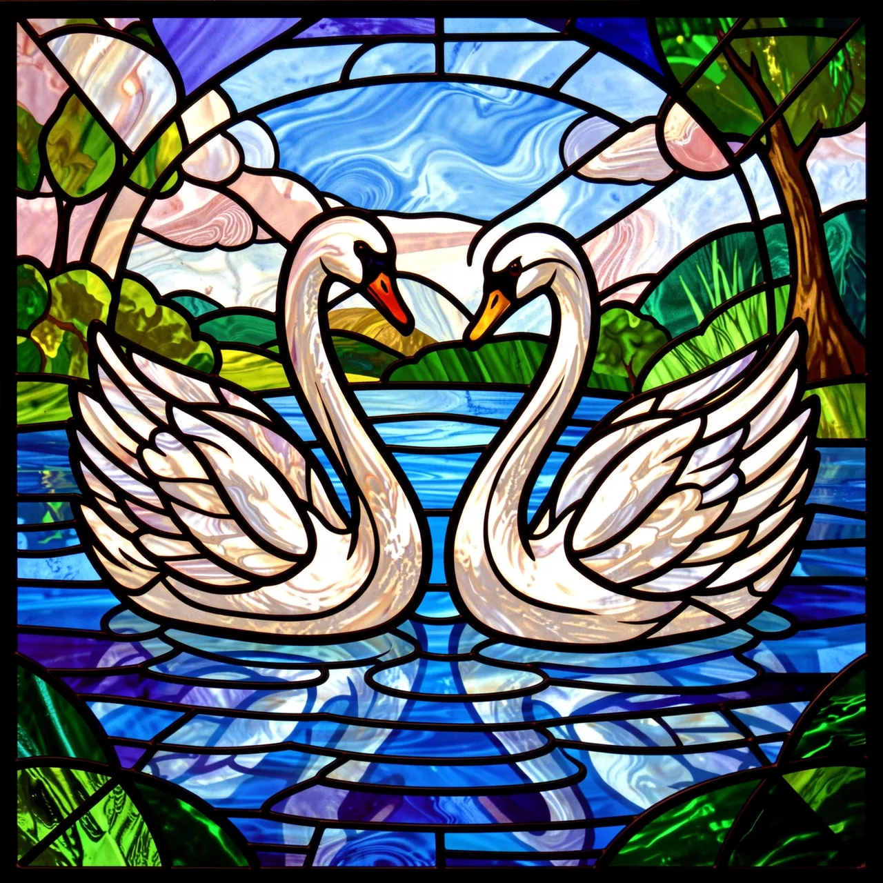 Stained glass artwork of two curved-neck swans floating facing each other on a lake landscape