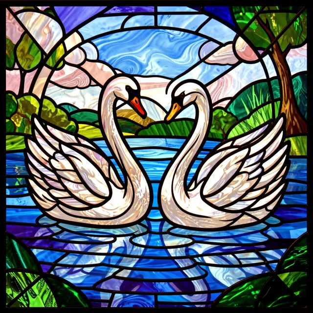 Stained glass artwork of two curved-neck swans floating facing each other on a lake landscape