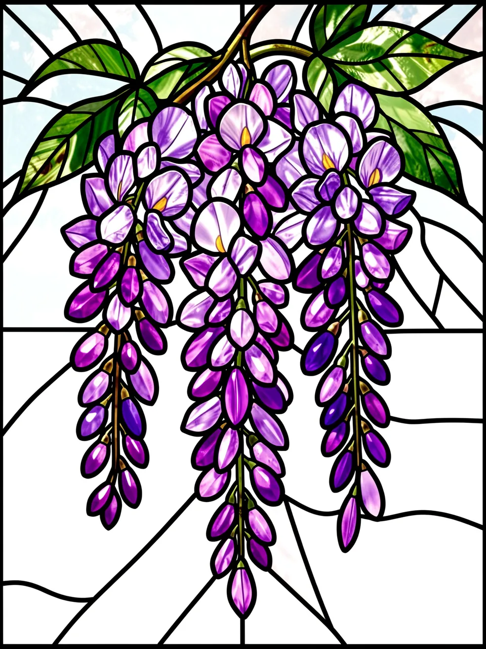 Stained glass illustration of cascading purple wisteria blooms with bold dark lead lines