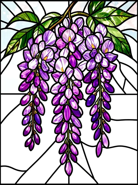 Stained glass illustration of cascading purple wisteria blooms with bold dark lead lines