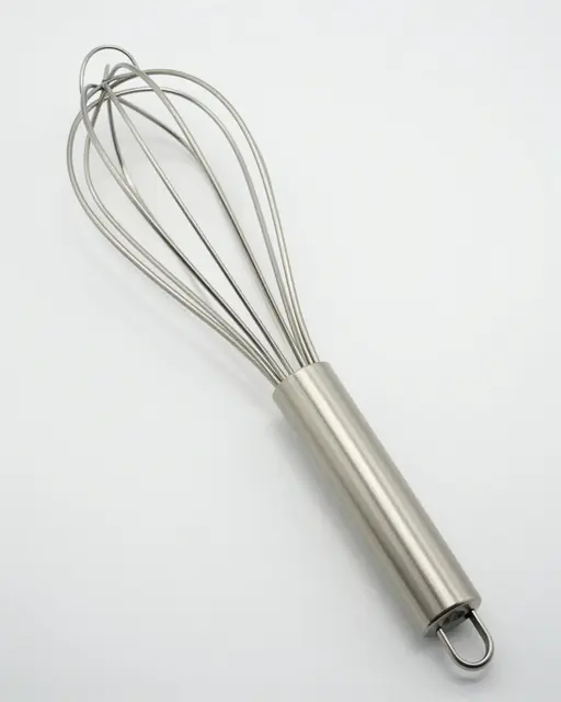 A stainless steel balloon whisk rests at an angle on a plain white studio background.