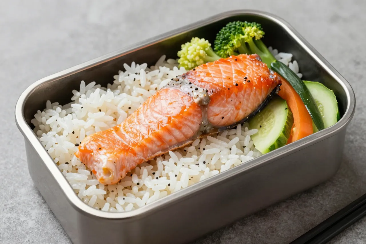 A stainless steel bento box filled with white rice, cooked salmon, and fresh vegetables on a gray countertop