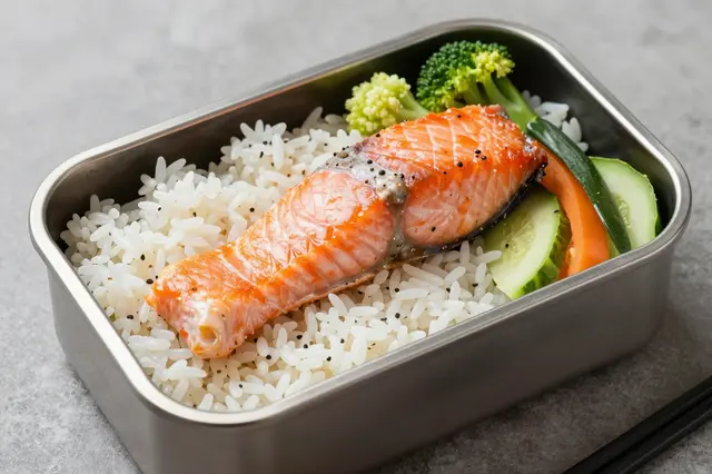 A stainless steel bento box filled with white rice, cooked salmon, and fresh vegetables on a gray countertop
