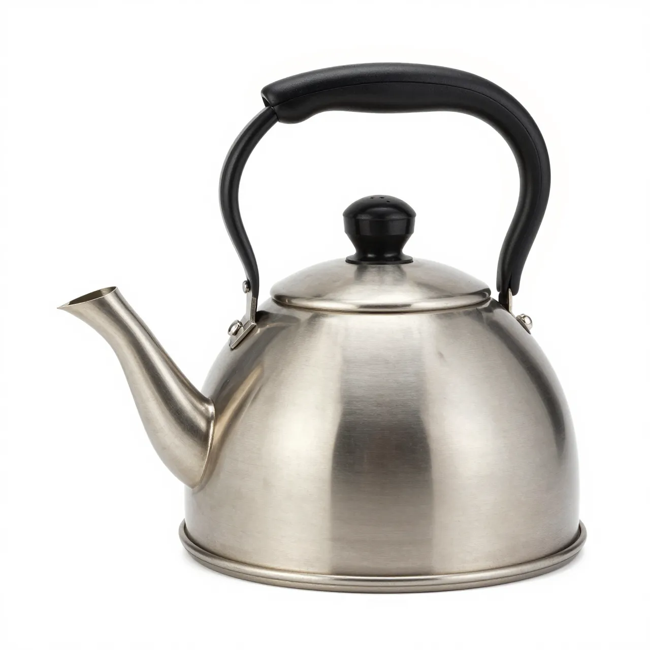 Brushed stainless steel kettle with matte black handle stands isolated on a pure white studio background