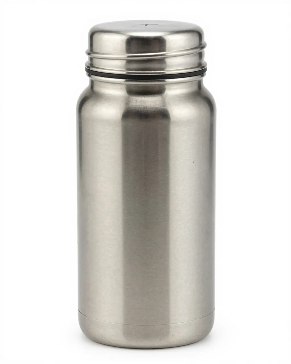 Brushed stainless steel insulated vacuum flask with a lid stands on a pure white studio background