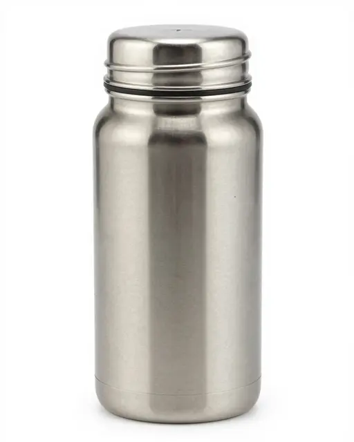 Brushed stainless steel insulated vacuum flask with a lid stands on a pure white studio background