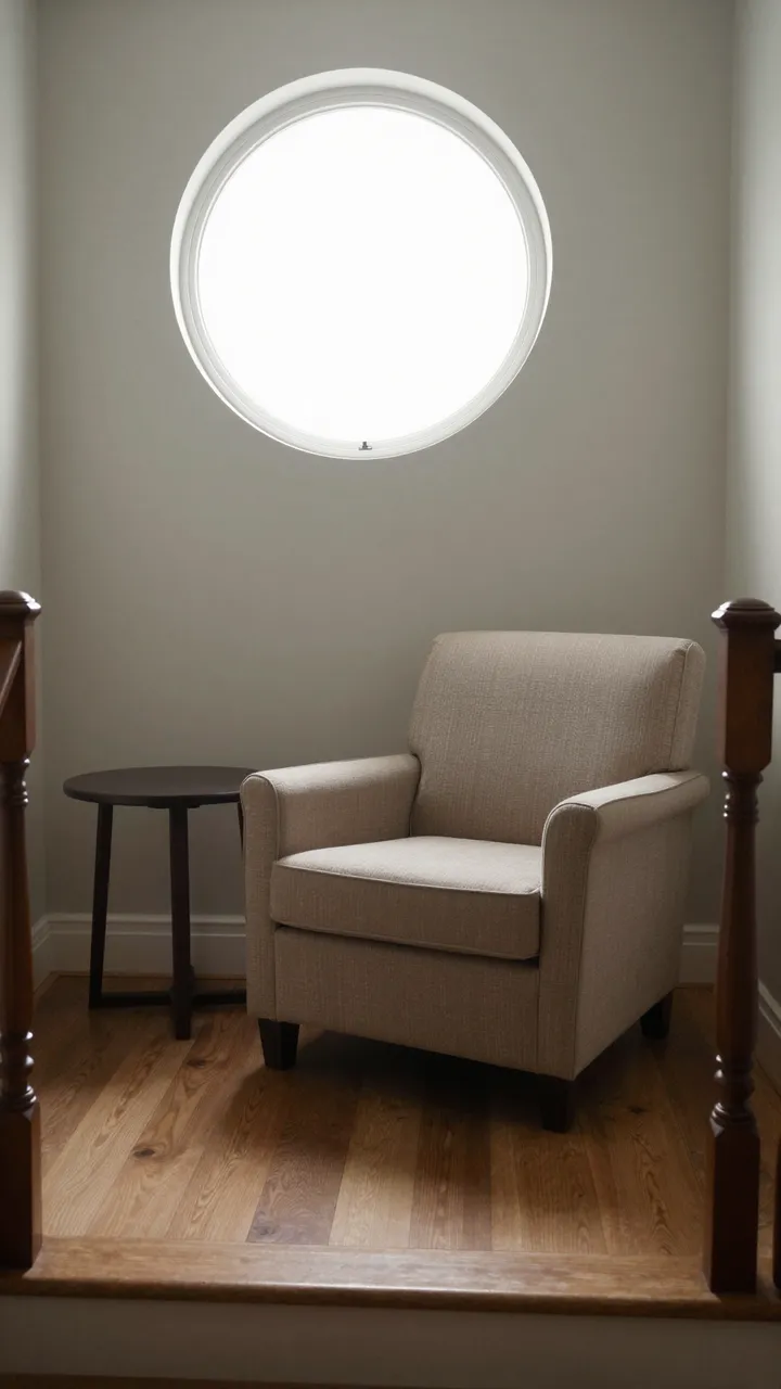 A cozy upholstered armchair and small side table sit on a wooden stair landing below a round window