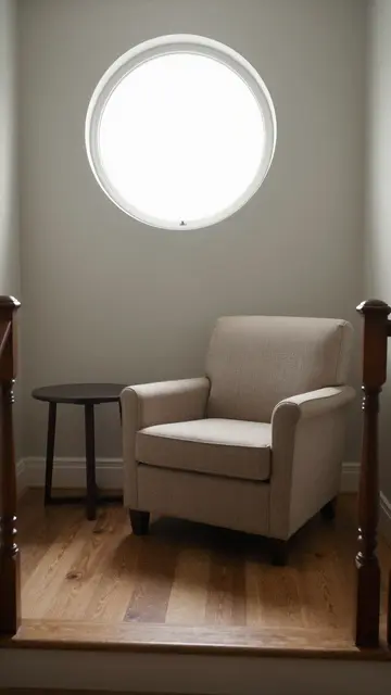 A cozy upholstered armchair and small side table sit on a wooden stair landing below a round window