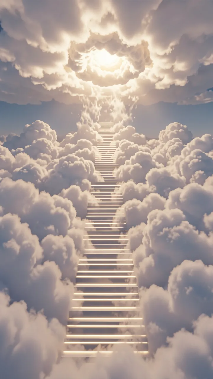 A glowing vertical staircase rises through fluffy clouds toward a radiant glowing cloud core in the sky