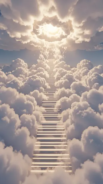 A glowing vertical staircase rises through fluffy clouds toward a radiant glowing cloud core in the sky