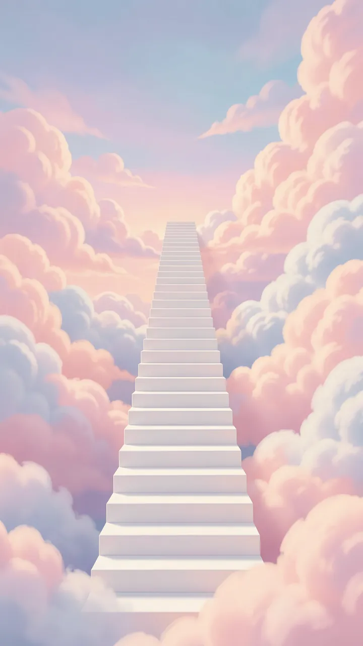 A long white staircase stretches upward through fluffy pink and blue clouds into a soft gradient pastel sky