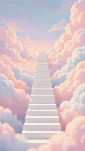 A long white staircase stretches upward through fluffy pink and blue clouds into a soft gradient pastel sky