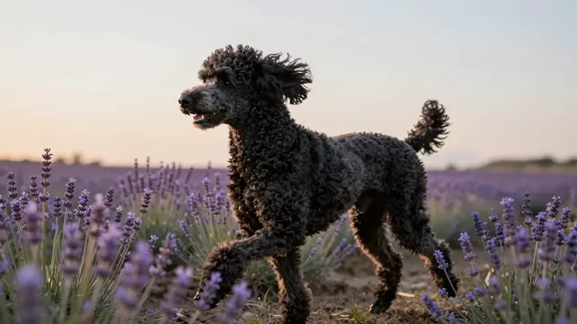 A side view of a black standard poodle bounding through a lavender field at soft sunset