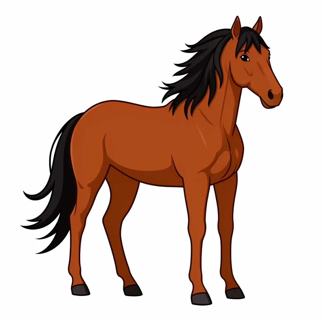 Flat cartoon clipart of a chestnut horse with a flowing dark mane standing against a plain white background