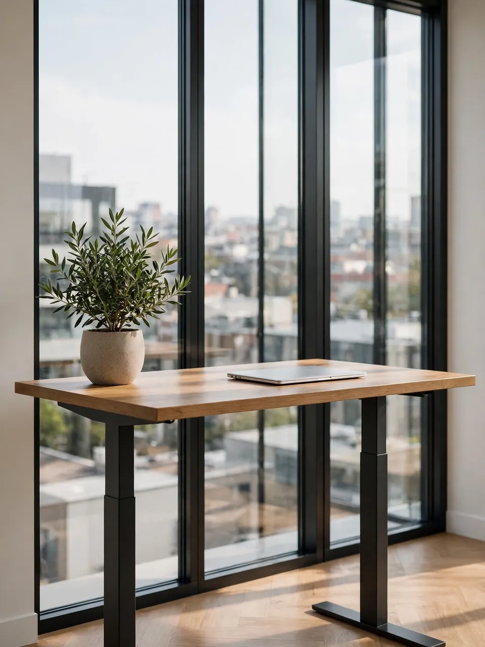 Empty modern standing desk with a potted plant and closed laptop next to a floor-to-ceiling city view window
