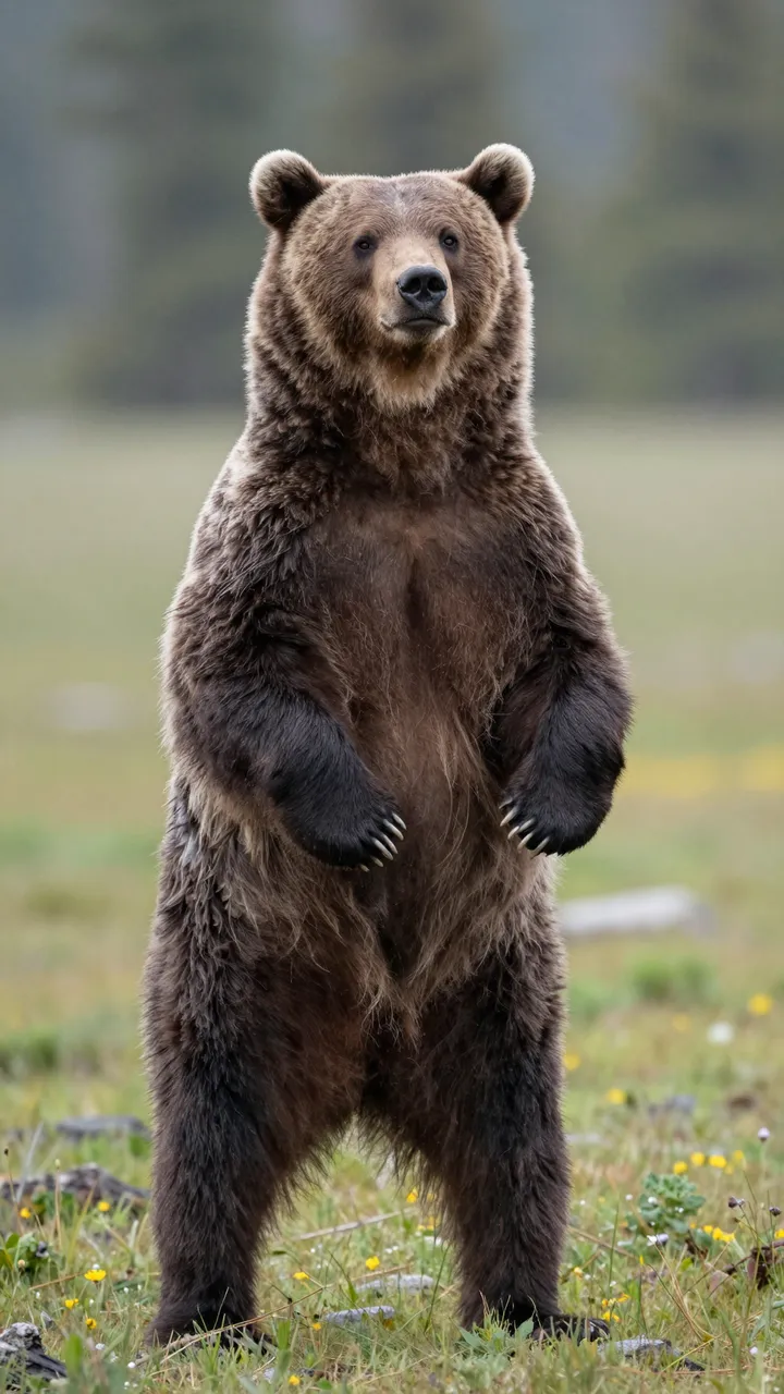 A grizzly bear with silver-tipped fur stands upright on its hind legs in a mountain wildflower meadow.