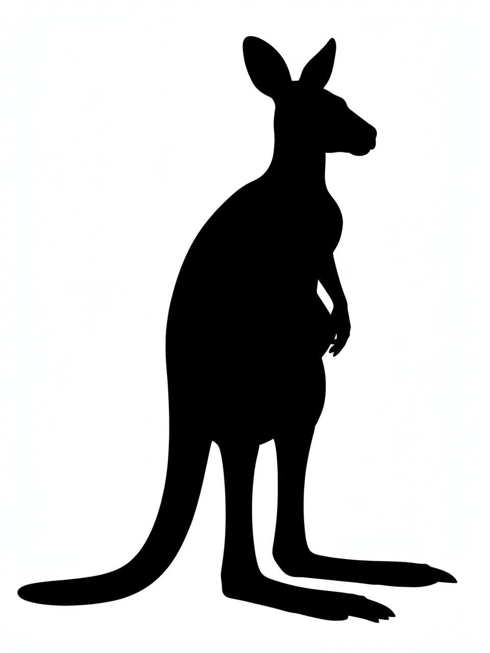Solid black upright kangaroo silhouette with long tail on a plain white background