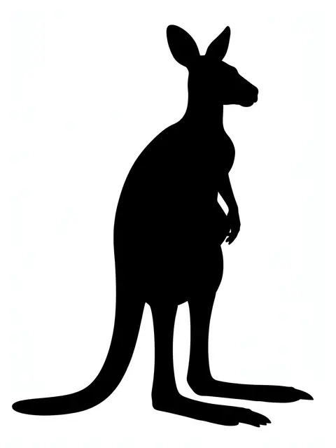 Solid black upright kangaroo silhouette with long tail on a plain white background
