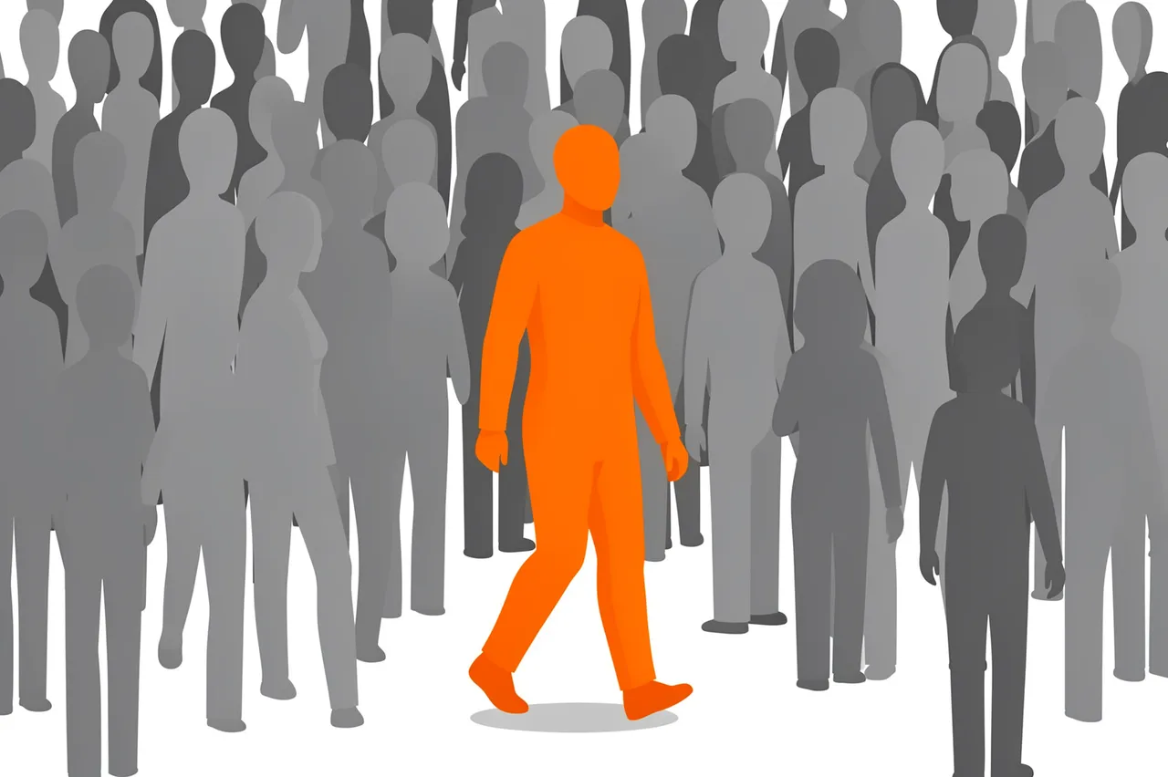 A solid orange stylized walking figure stands out against a dense crowd of gray faceless figures
