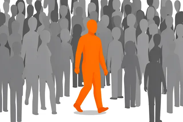 A solid orange stylized walking figure stands out against a dense crowd of gray faceless figures