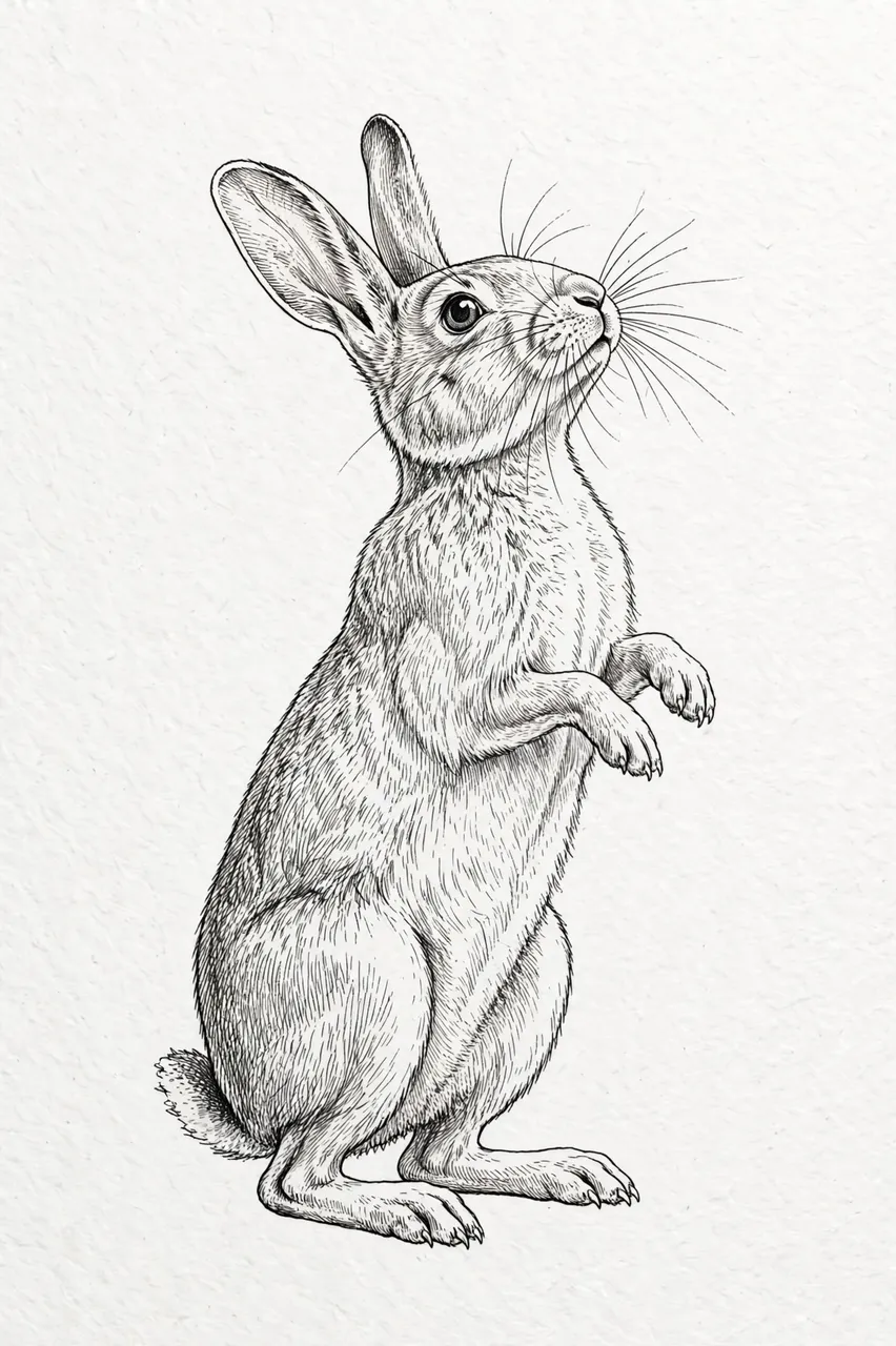 Fine line ink drawing of a rabbit standing upright on its hind legs looking upward as if sniffing the air