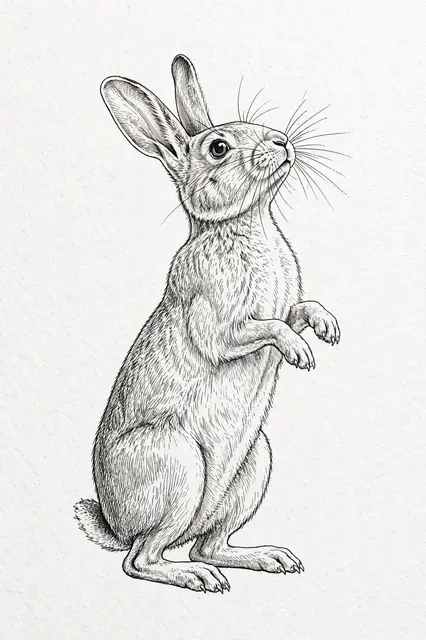 Fine line ink drawing of a rabbit standing upright on its hind legs looking upward as if sniffing the air