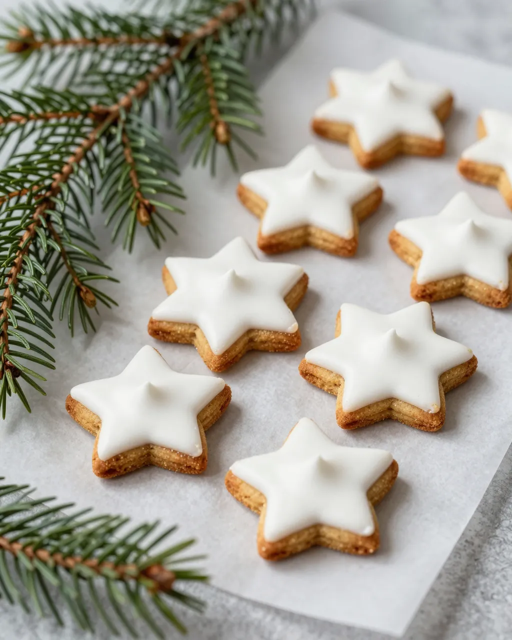 Iced star-shaped cinnamon cookies arranged on parchment beside fresh fir sprigs