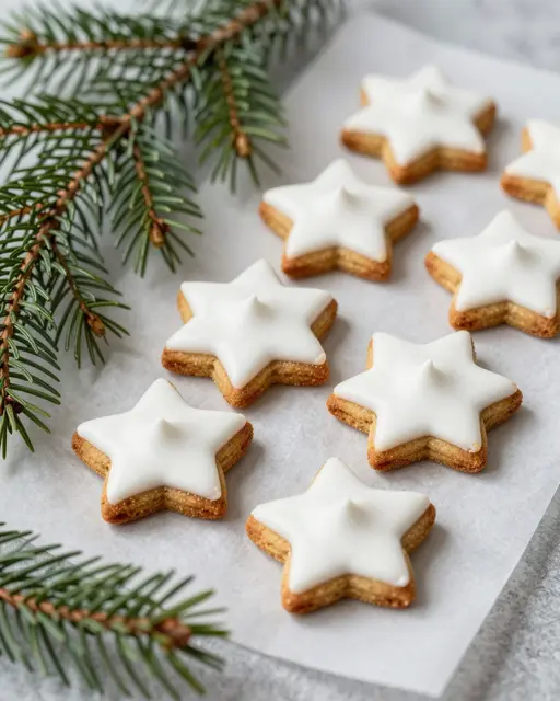 Iced star-shaped cinnamon cookies arranged on parchment beside fresh fir sprigs