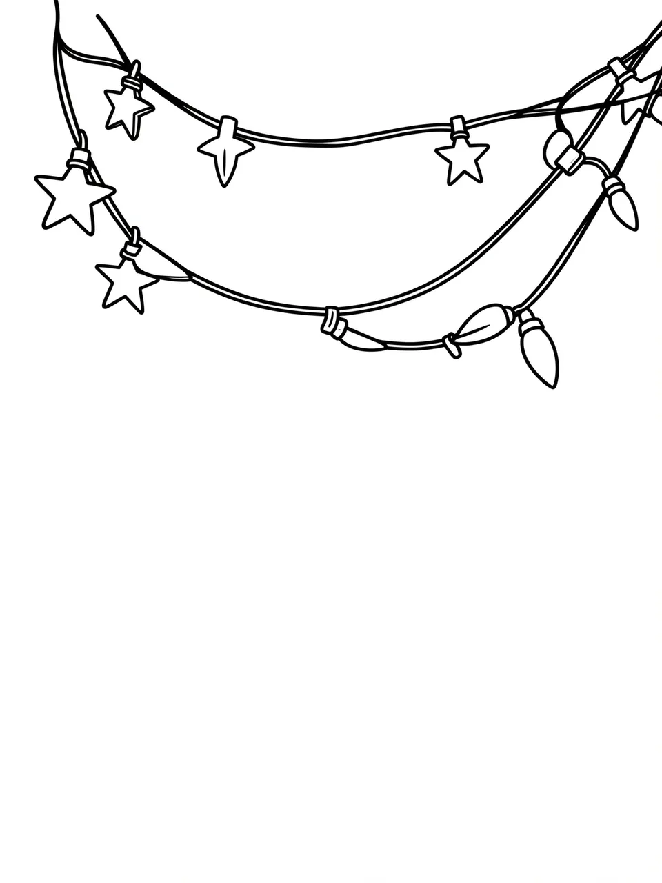 Black and white line art of overlapping garland strands with star-shaped and teardrop Christmas bulbs on a plain white