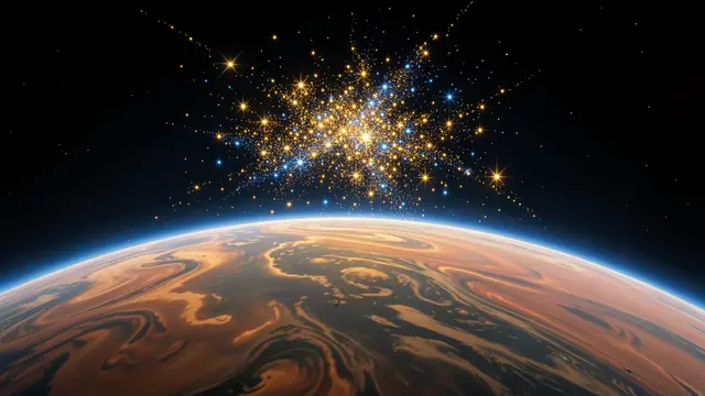 Glowing golden and blue star cluster hovers over the curved horizon of a swirling giant gas planet in dark space