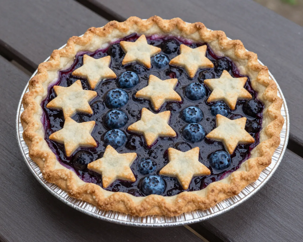 Fresh blueberry pie with star-shaped pastry cutouts sits on a dark wooden picnic table