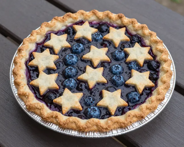 Fresh blueberry pie with star-shaped pastry cutouts sits on a dark wooden picnic table