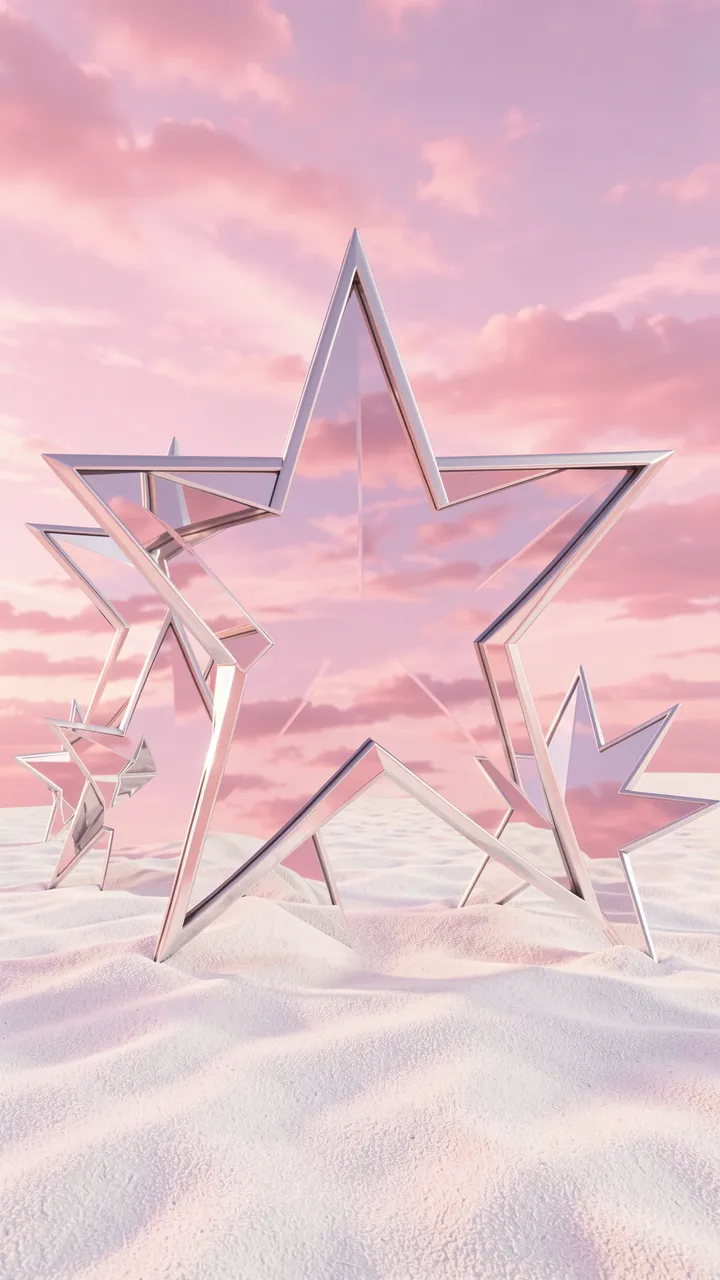 3D rendered star-shaped mirrored frames stand in a row on pale white sand beneath a soft pink cloudy sky.