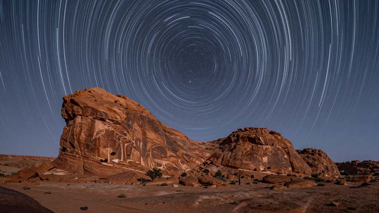 Circular star trails arc above rust-colored desert rock formations under a dark night sky