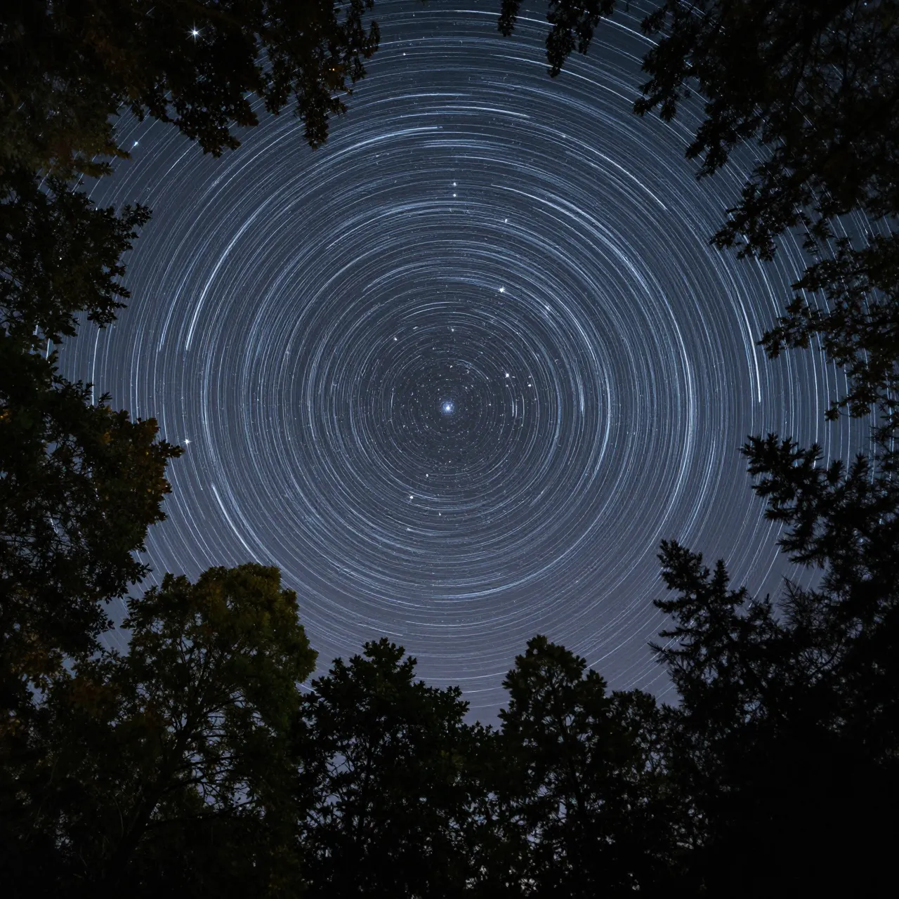 Circular star trails fill the night sky framed by a dark ring of treetops viewed from below