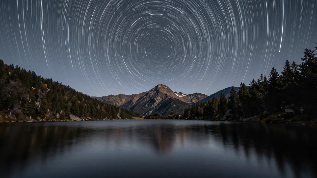 Circular star trails arc across the night sky above a calm mountain lake and forested shorelines