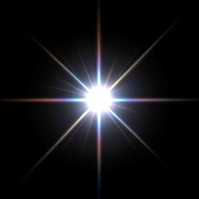 Bright white starburst lens flare with thin colored rays against a solid pure black background