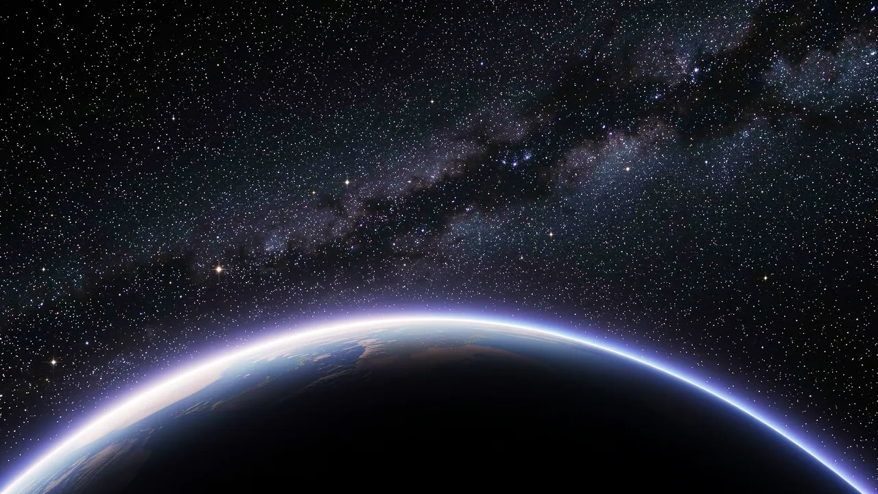 Glowing atmospheric curve of a planet sits below a dense, detailed starfield and Milky Way band in outer space
