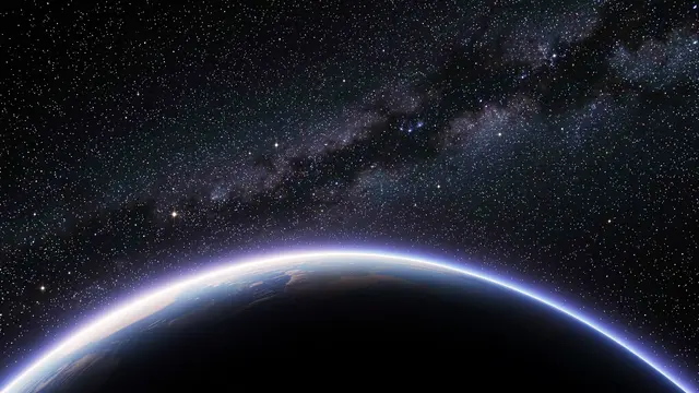 Glowing atmospheric curve of a planet sits below a dense, detailed starfield and Milky Way band in outer space