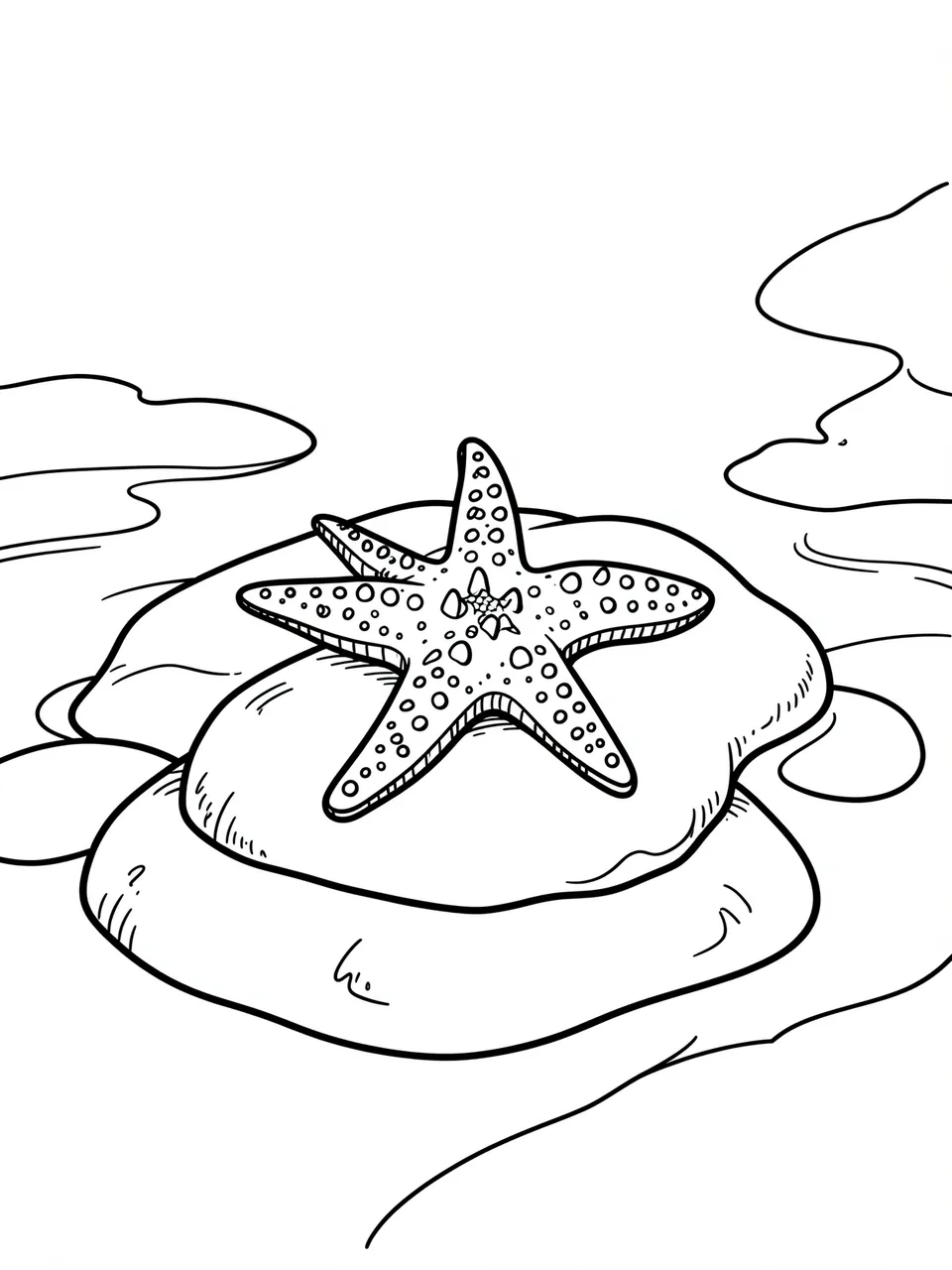 Bold black and white line drawing of a spotted starfish resting on smooth rocks in a tide pool for a coloring page