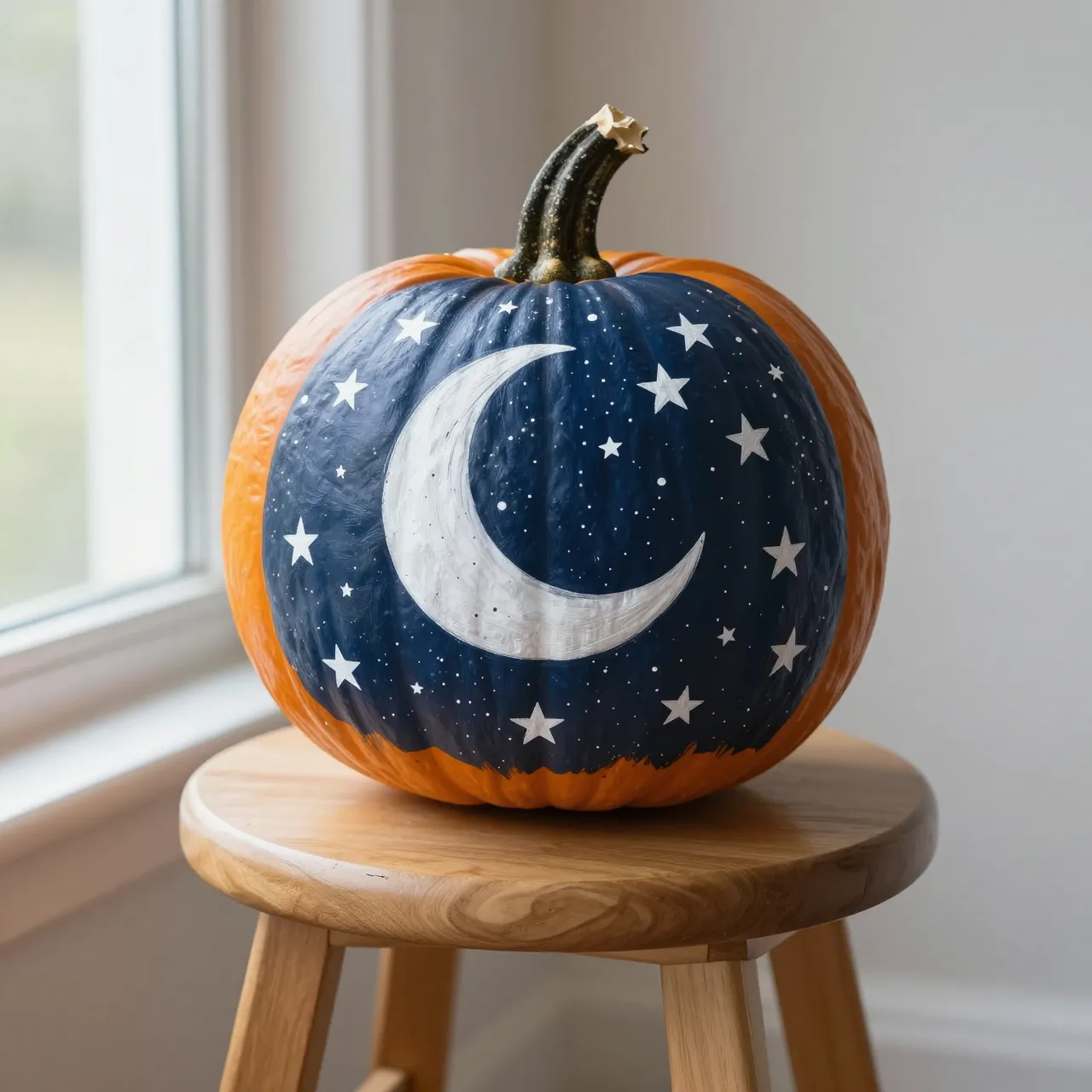 A hand-painted navy pumpkin with white stars and a crescent moon sits on a wooden stool by a window.