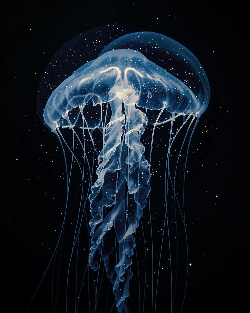 Glowing translucent blue jellyfish with starry details against a solid dark black background