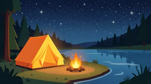 A glowing tent and lit campfire sit beside a calm lake under a starry night sky surrounded by pine trees