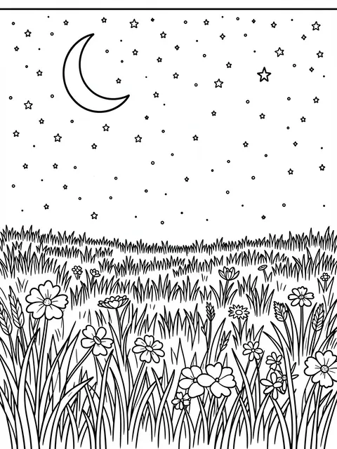 Black and white line art shows a flowering meadow below a starry sky with a crescent moon.