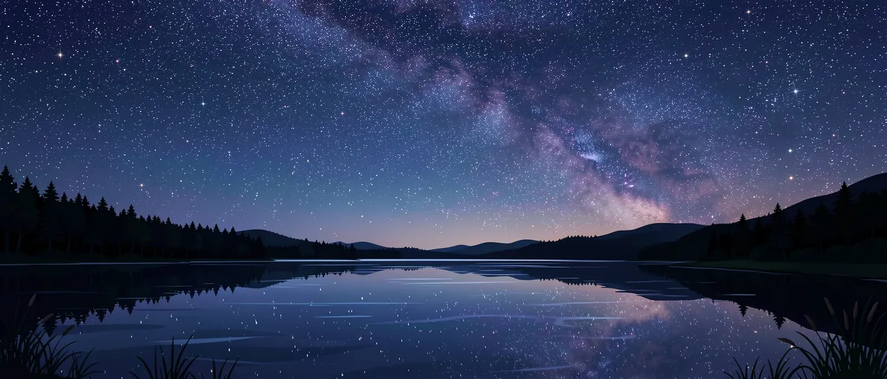 A still mountain lake reflects a brilliant starry milky way sky above treeline silhouettes.