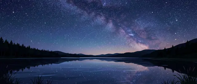 A still mountain lake reflects a brilliant starry milky way sky above treeline silhouettes.