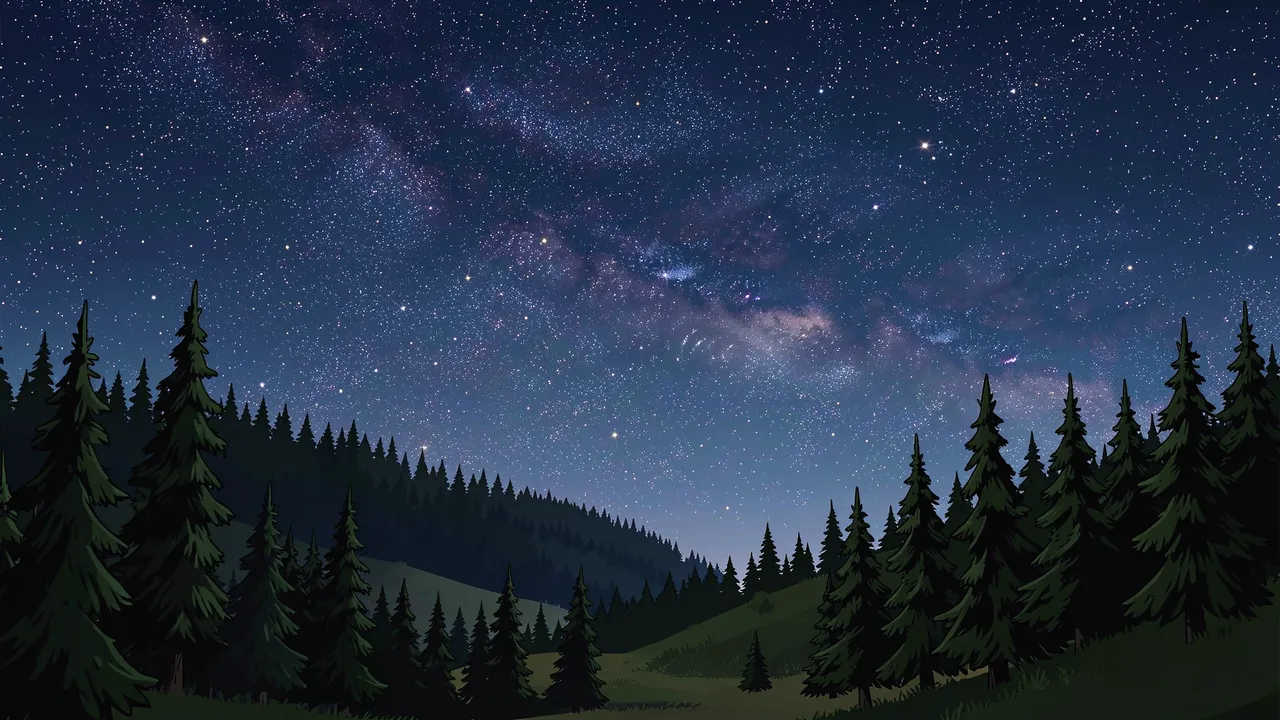 A starry night sky with the Milky Way spans above rolling hills covered in dense pine trees.