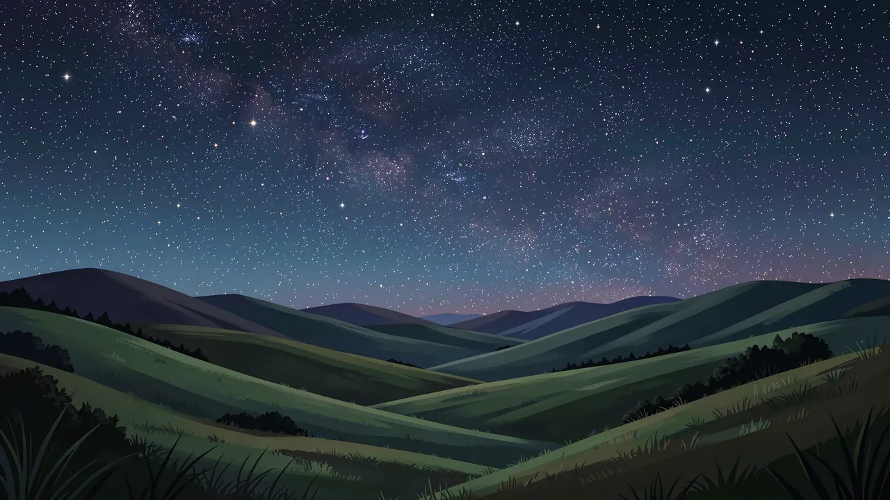 A wide illustrated landscape of rolling green grassy hills under a bright starry night sky with the Milky Way visible.
