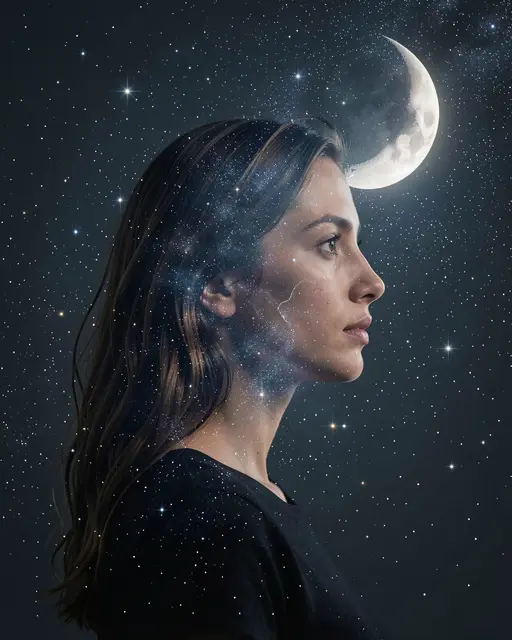 Double exposure portrait of a woman in profile blended with a starry night sky and crescent moon